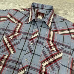 VTG Wrangler Shirt Mens Large Red White Baby Blue Pearl Snap Made USA EUC